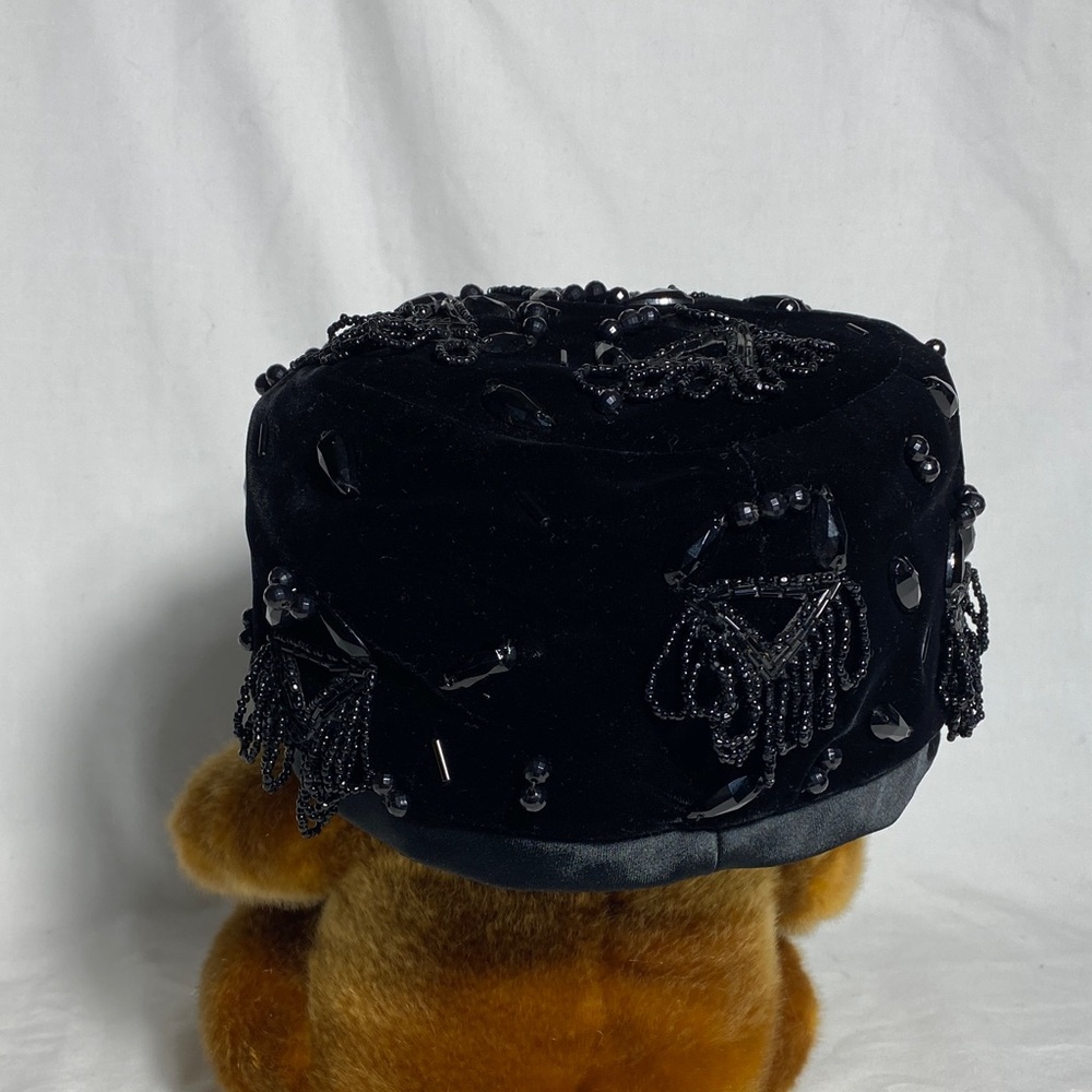 Vintage 1950’s Elegant Black Velvet Beaded Pillbox-styled hat circumference-22”
